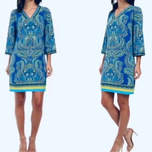 Laundry by Shelli Segal paisley print dress Bell Sleeve Size S Vibrant Stretch - Picture 1 of 11